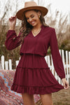 Wine V Neck Long Sleeve Ruffle Tiered Mini Dress - My Store