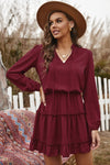 Wine V Neck Long Sleeve Ruffle Tiered Mini Dress - My Store