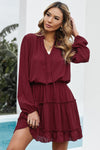 Wine V Neck Long Sleeve Ruffle Tiered Mini Dress - My Store