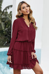 Wine V Neck Long Sleeve Ruffle Tiered Mini Dress - My Store