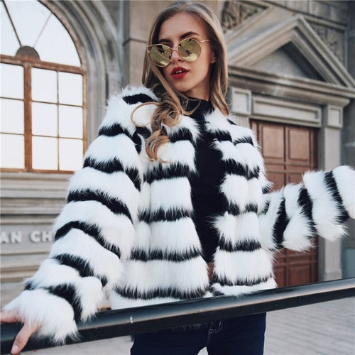 Winter Black and white striped faux fur coat fur coats Women Elegant - My Store