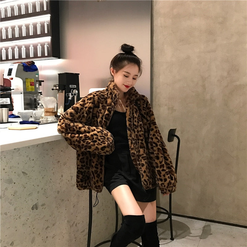 Winter Leopard Print Jacket Women's Stand collar Warm Parkas Outwear - My Store