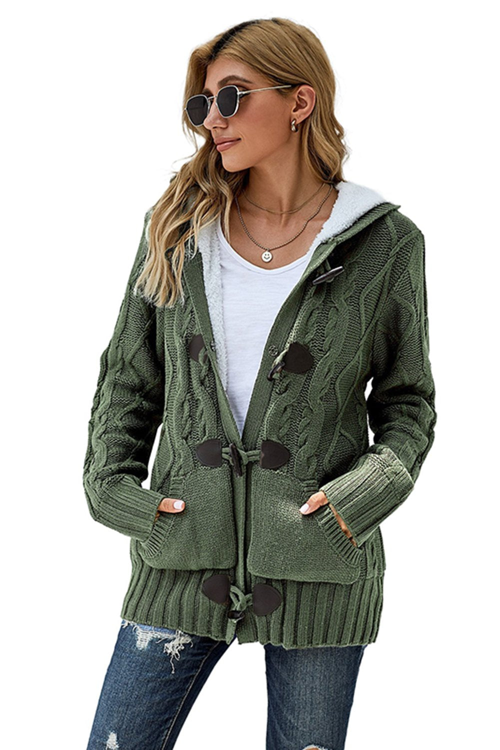 Winter Army Green Fur Hood Horn Button Sweater Cardigan - My Store