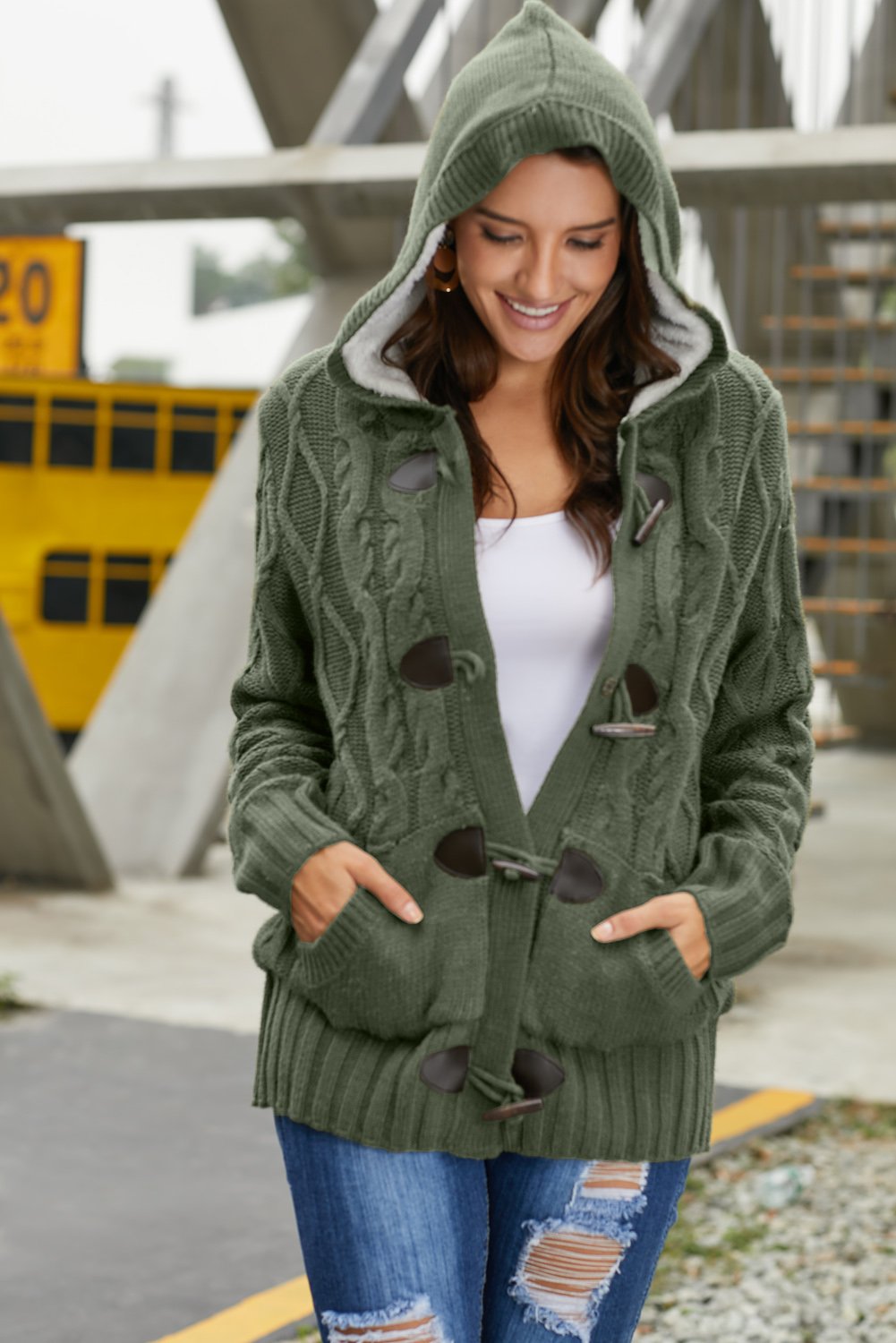 Winter Army Green Fur Hood Horn Button Sweater Cardigan - My Store