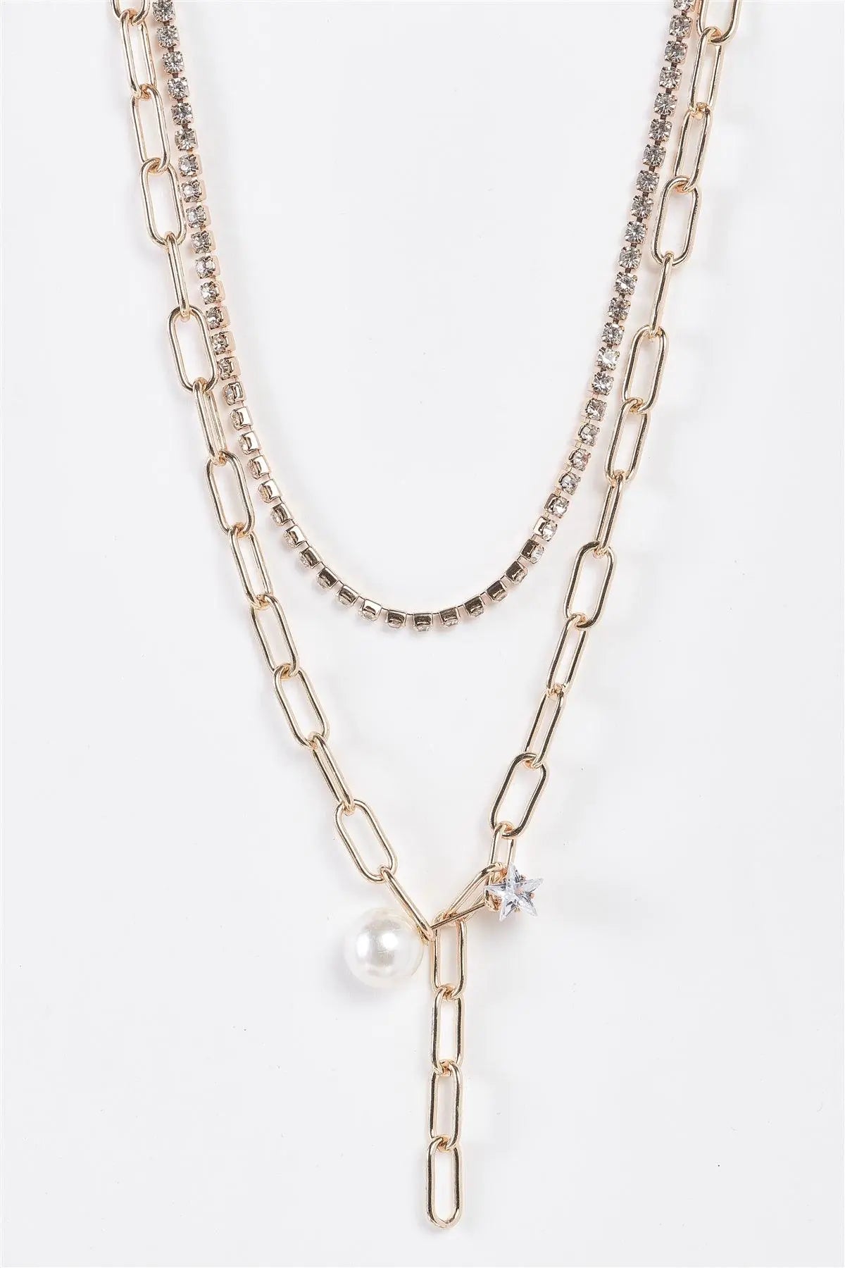 Gold Pearl Pin Link Chain Rhinestone Necklace Set