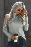 Women Gray Sequin Shoulder Long Sleeve Top - My Store