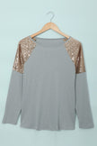 Women Gray Sequin Shoulder Long Sleeve Top - My Store