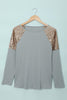 Women Gray Sequin Shoulder Long Sleeve Top - My Store