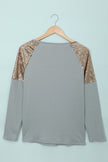 Women Gray Sequin Shoulder Long Sleeve Top - My Store