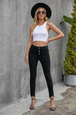 Women's Black Plain High Waist Buttons Frayed Cropped Denim Jeans - My Store