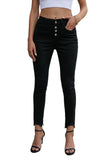 Women's Black Plain High Waist Buttons Frayed Cropped Denim Jeans - My Store