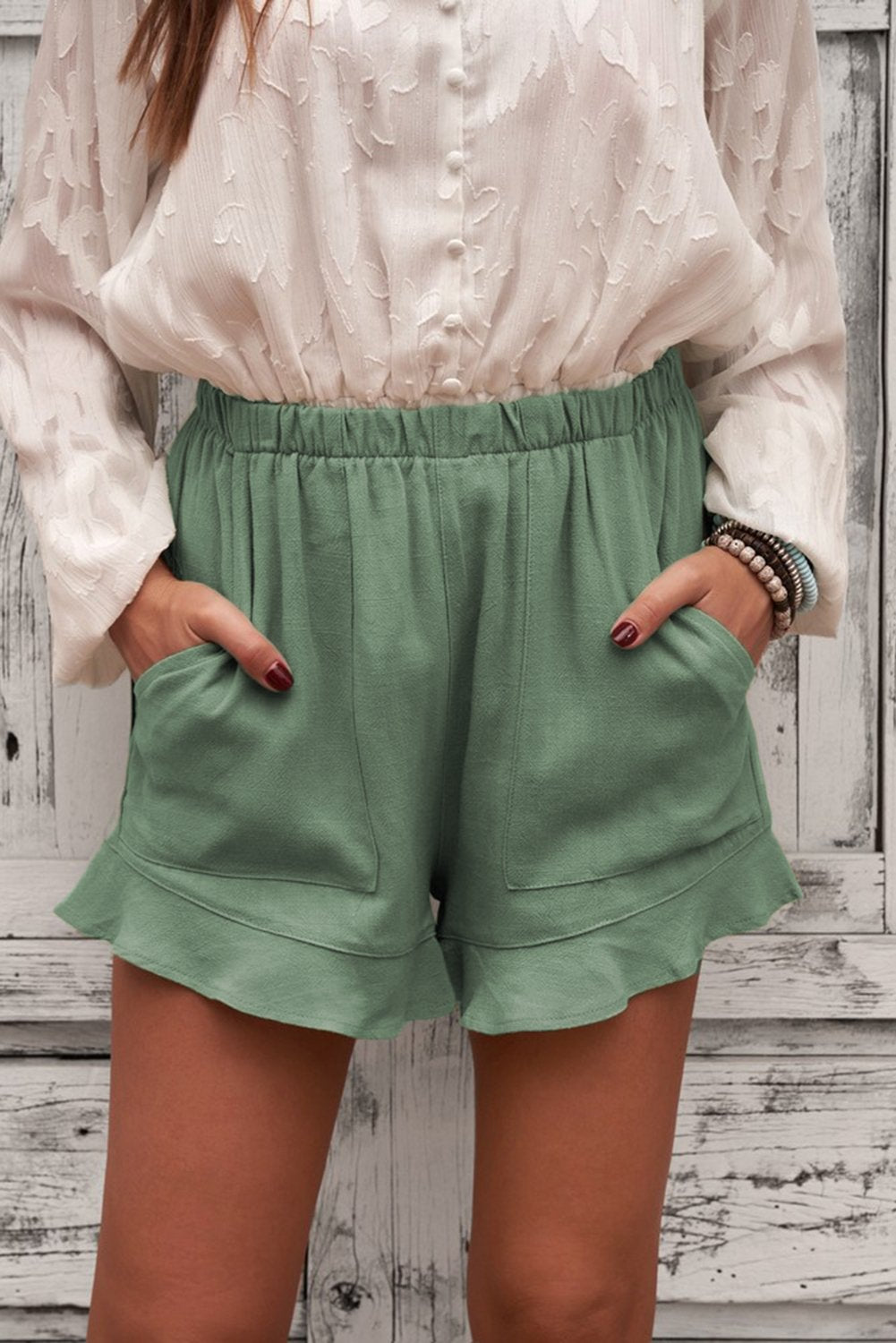 Women's Summer Pocketed Flutter Green Linen Cotton Shorts - My Store