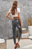 Women's Fashion Gray Drawstring Elastic Waist Hole Ripped Jeans - My Store