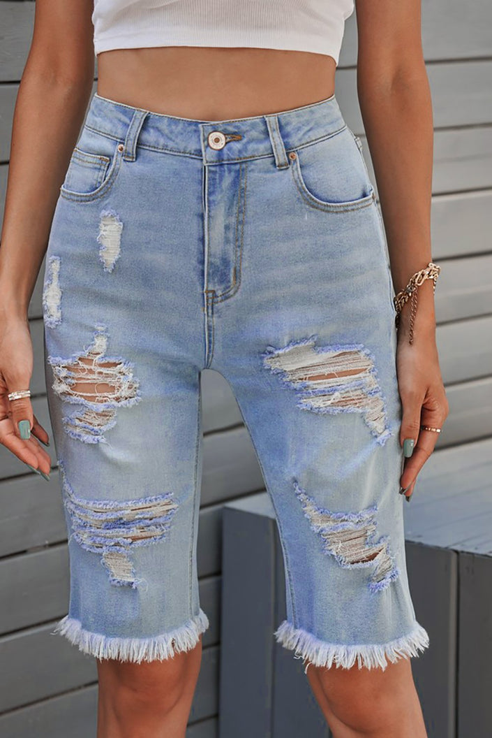 Women's Fashion Light Blue Distressed Jeans Bermuda Shorts - My Store