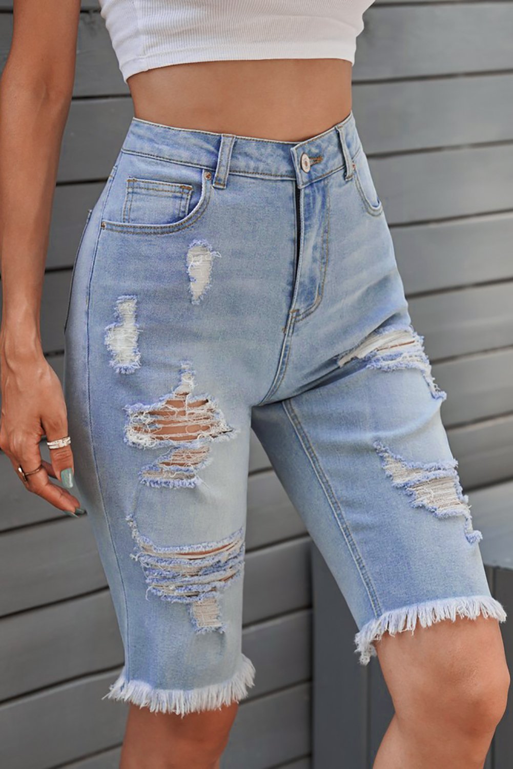 Women's Fashion Light Blue Distressed Jeans Bermuda Shorts - My Store