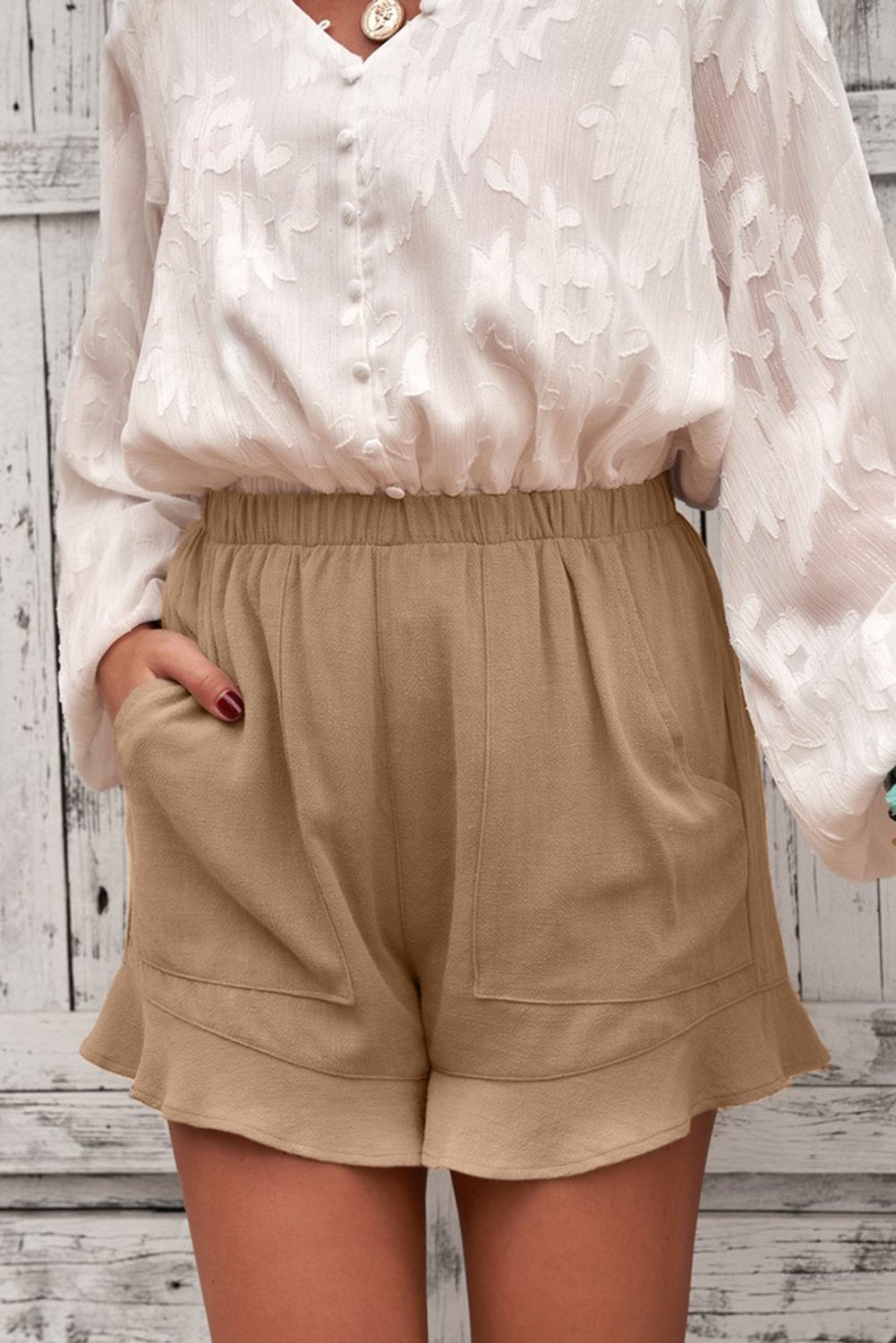 Women's Summer Khaki Pocketed Flutter Linen Cotton Shorts - My Store