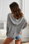 Womens Gray Zipper V-neck Dropped Sleeve Hooded Solid Sweater - My Store