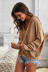 Womens Khaki Zipper V-neck Dropped Sleeve Hooded Sweater - My Store