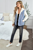 Womens Sky Blue White Sherpa Denim Splicing Buttoned Jacket - My Store