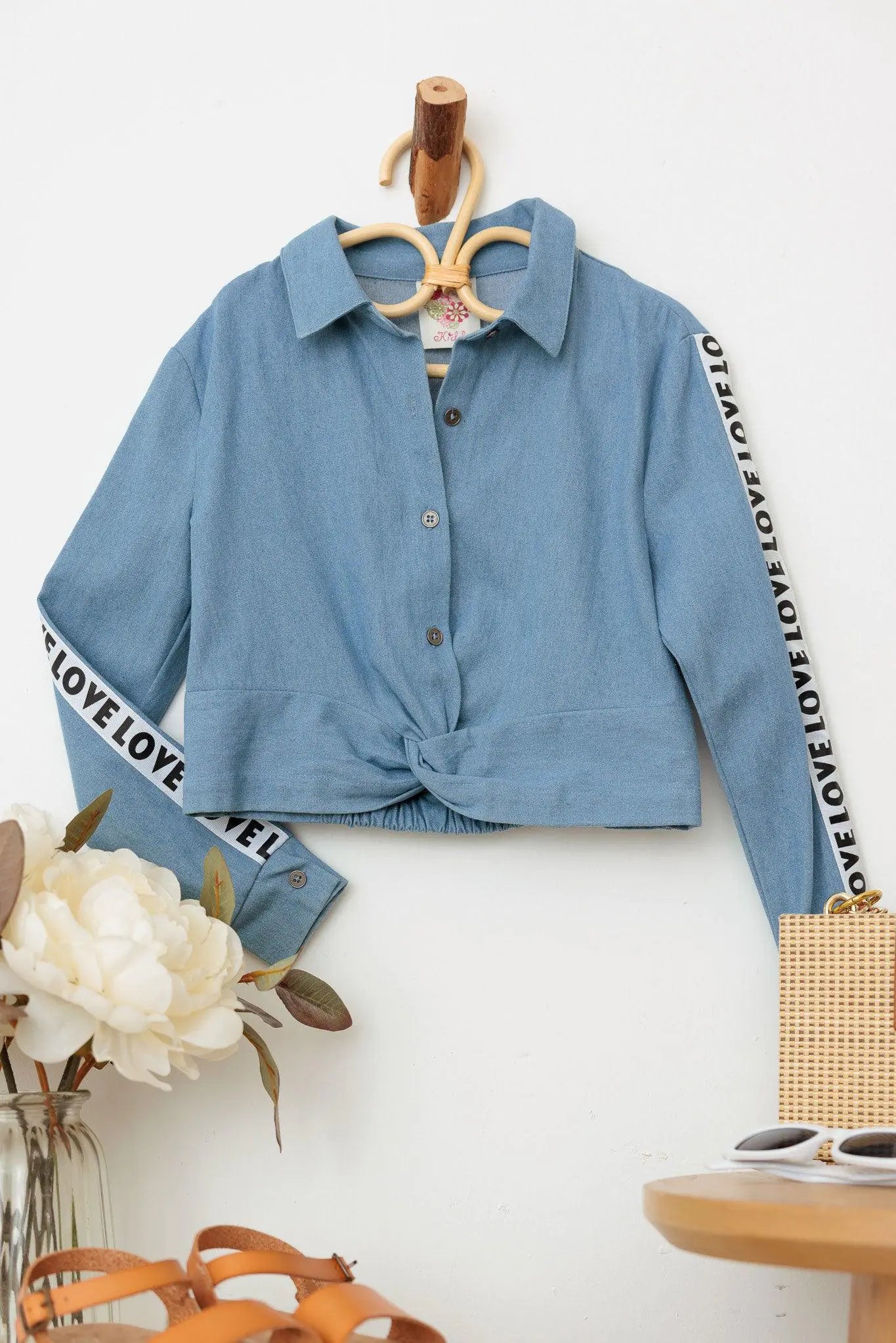 Girls Denim Button Up Twisted Hem Love Detail Crop Shirt