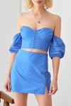 Boho Off Shoulder Puff Sleeve Ruched Bust Crop Top & A-Line Side Zipper Mini Skirt Set - My Store