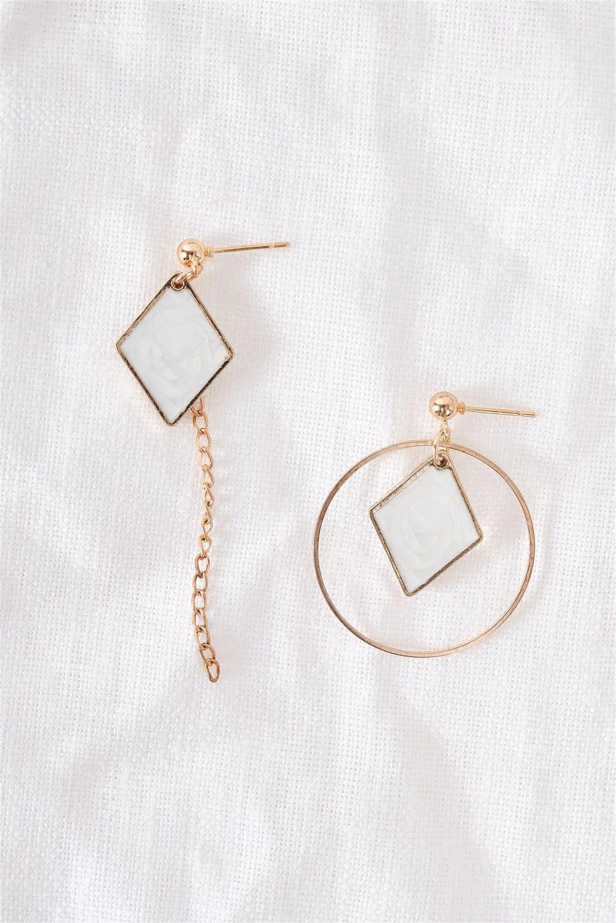 Gold & White Rhombus Asymmetrical Earrings - My Store