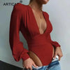 Chic Solid Plunging Neck Lantern Sleeve Bodysuit - My Store