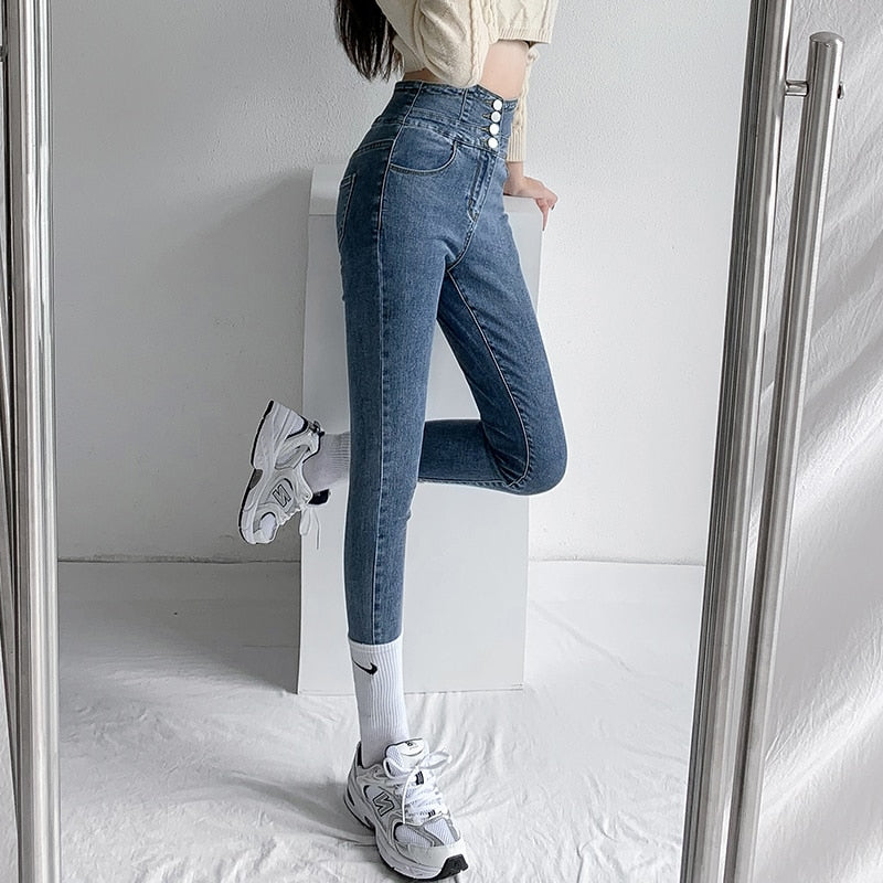 Skinny Pencil Jeans Four Buttons Vintage High Waist Women Slim Stretch - My Store