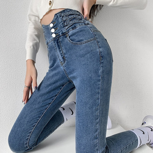 Skinny Pencil Jeans Four Buttons Vintage High Waist Women Slim Stretch - My Store