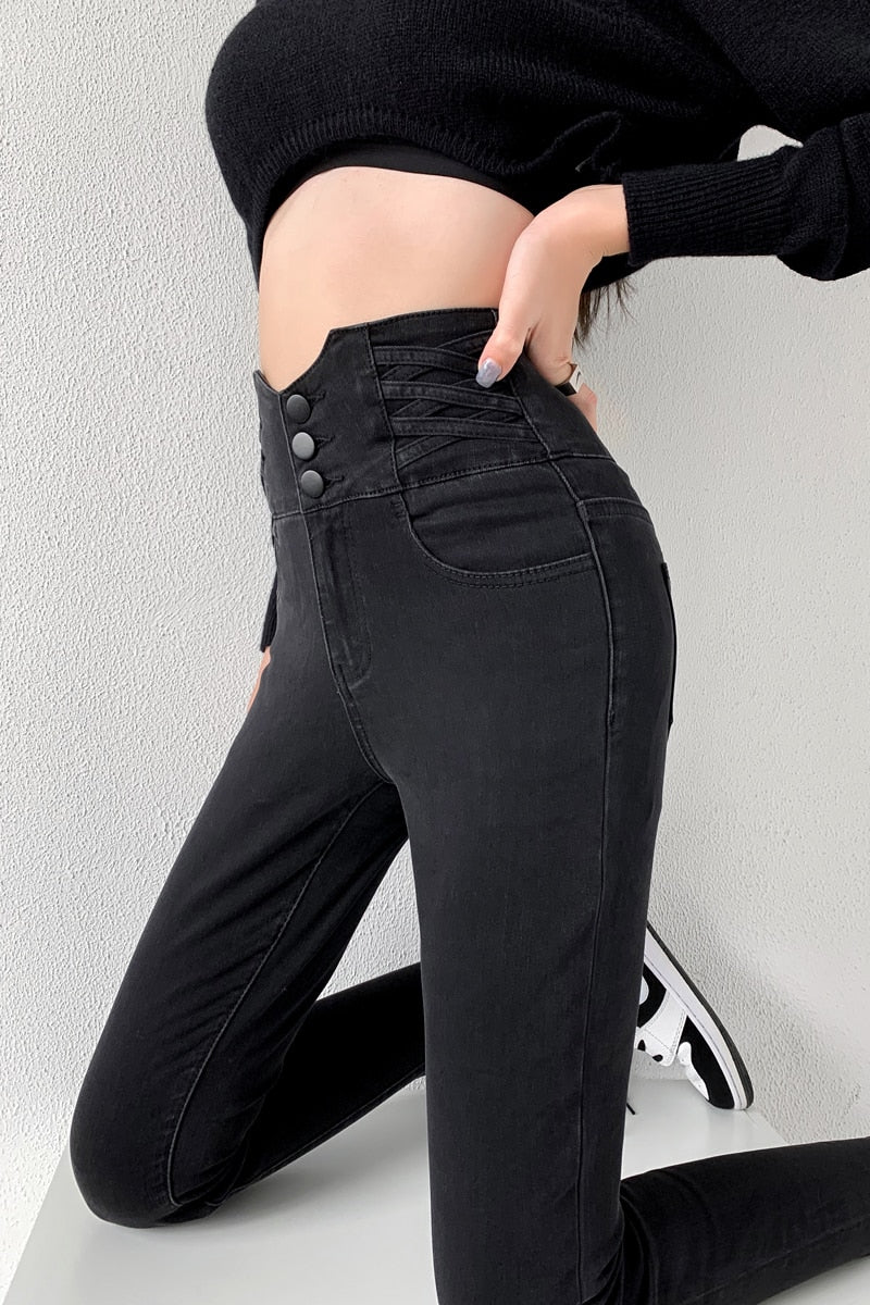 Skinny Pencil Jeans Four Buttons Vintage High Waist Women Slim Stretch - My Store