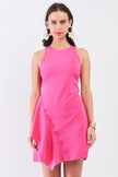 Hot-Pink Sleeveless Round Neck Fitted Asymmetrical Mini Dress