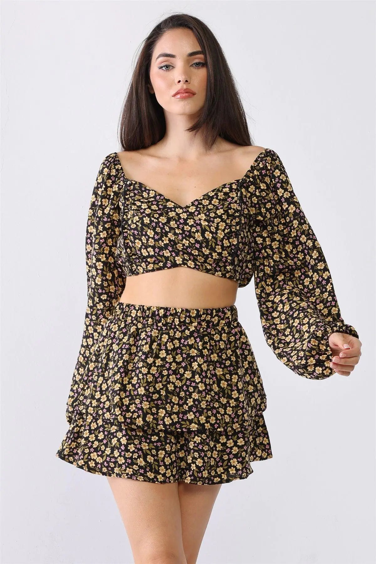 Floral Wrap Neck Puff Balloon Long Sleeve Layered Skirt Set - My Store