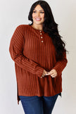 Basic Bae Full Size Ribbed Half Button Long Sleeve High-Low T-Shirt - My Store