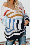 Women's Multicolor Stripe Bubblegum V-Neck Braided Knit Sweater - My Store