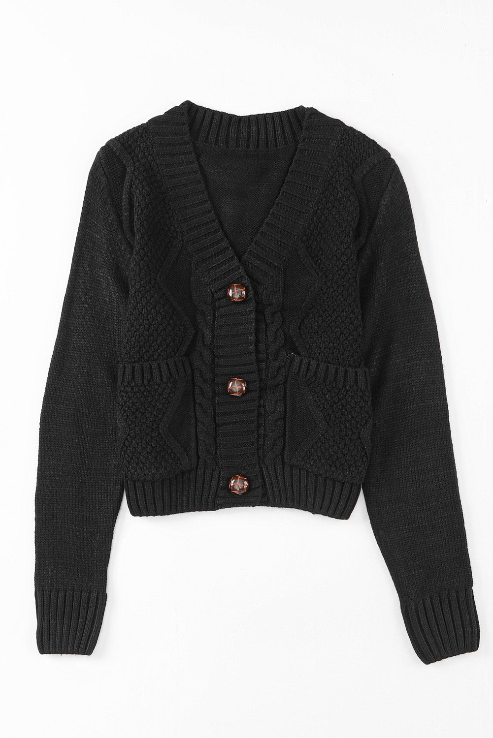 Black Front Pockets Buttons Textured Cardigan - My Store