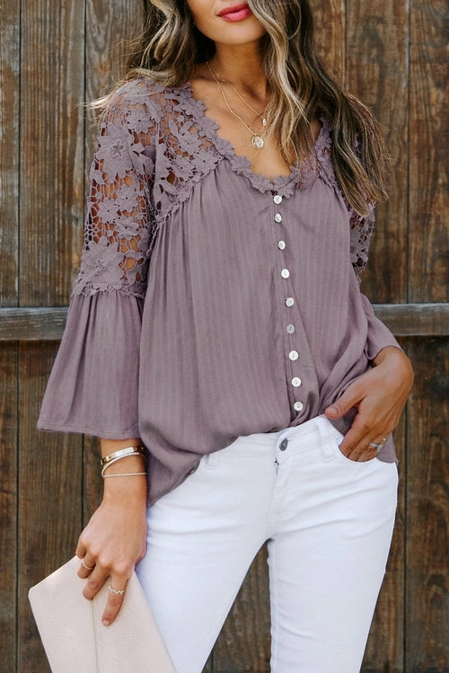 Chic Purple Crochet Lace Button Blouse Top - My Store