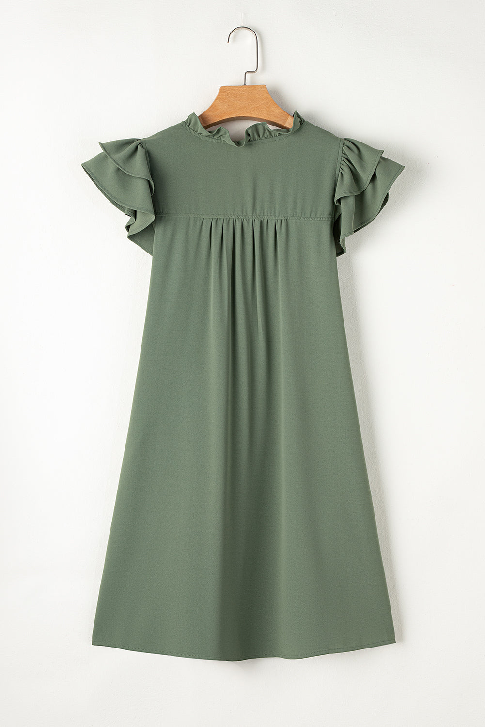 Mist Green Ruffle Sleeve V Neck Frilled Shift Dress - My Store