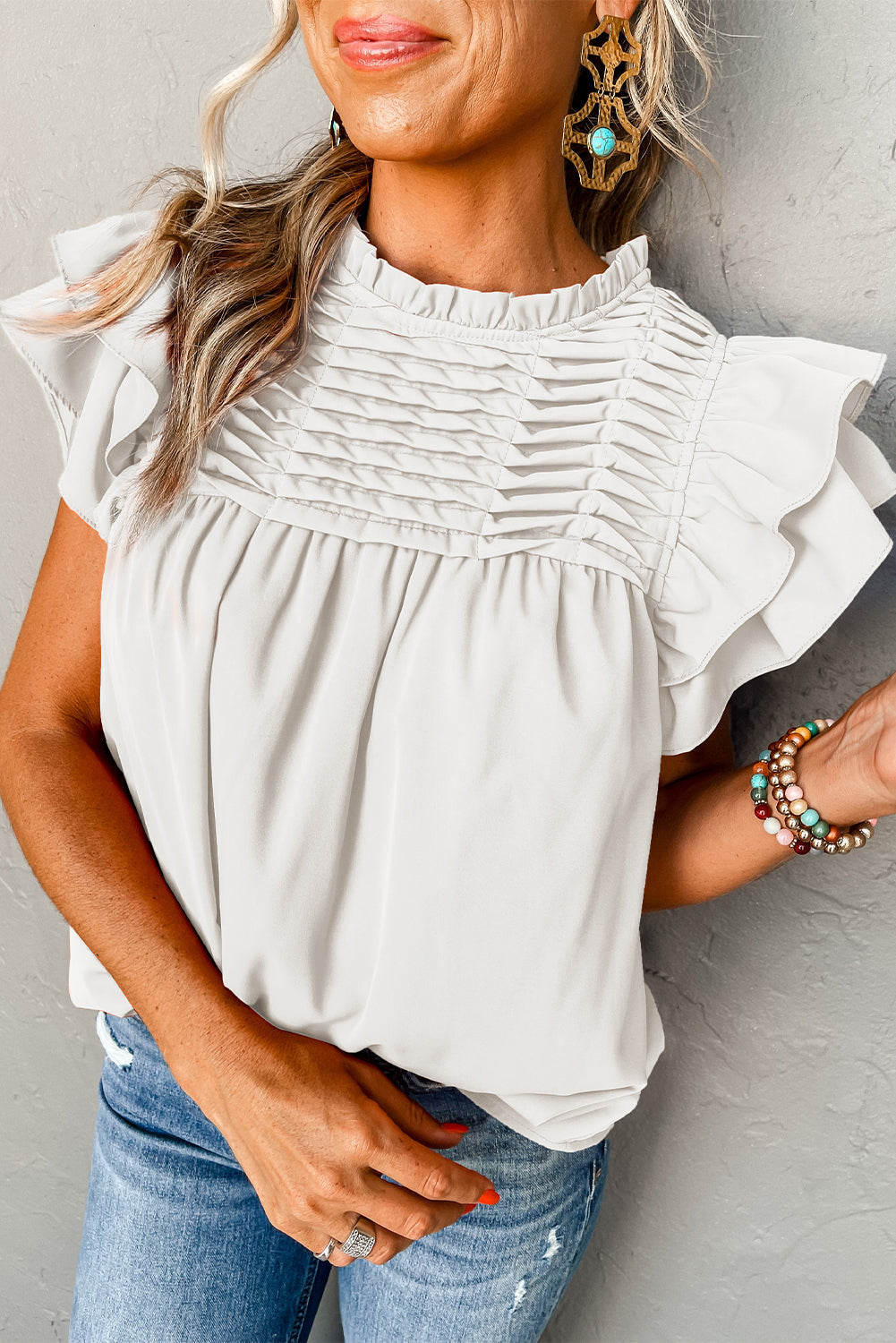 Black Smocked Ruffle Sleeve Blouse - My Store