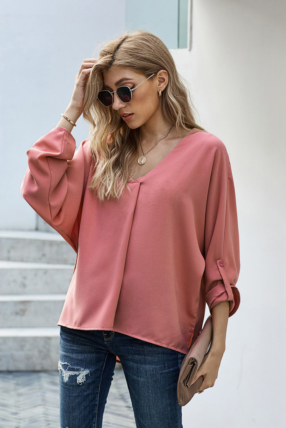 Pink V Neck 3/4 Sleeve High Low Hem Shirt - My Store