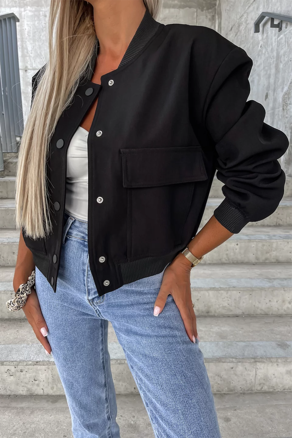 Black Big Pockets Baseball Collar Jacket - My Store