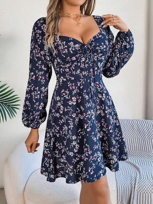 Printed Sweetheart Neck Balloon Sleeve Mini Dress - My Store