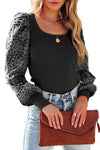 Black Flower Puff Sleeve Ribbed Knit Top - My Store