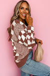 Brown Checkered Print Drop Shoulder Round Neck Sweater - My Store