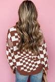 Brown Checkered Print Drop Shoulder Round Neck Sweater - My Store