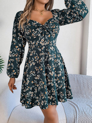 Printed Sweetheart Neck Balloon Sleeve Mini Dress - My Store