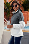 Women Charcoal White Zip Neck Oversize Fluffy Fleece Pullover - My Store