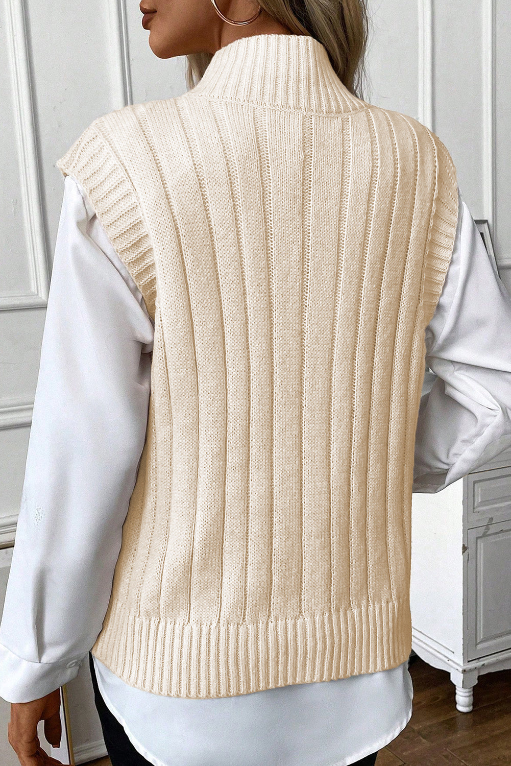 Oatmeal Cable Knit High Neck Sweater Vest - My Store