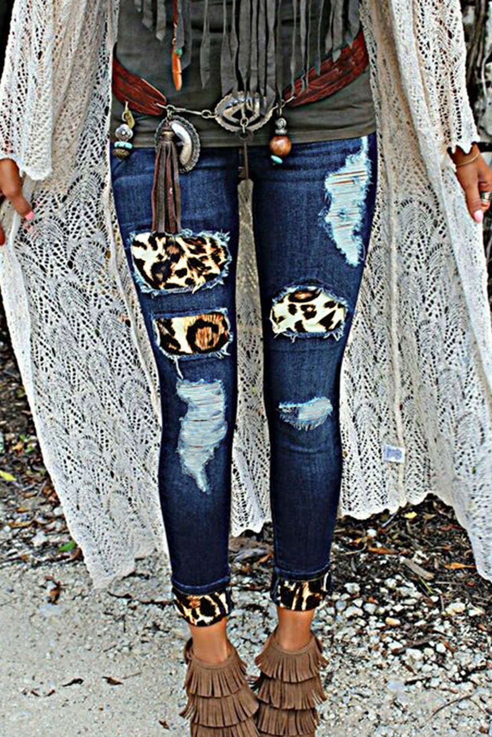 Fashion Women's Blue Hollow Out Leopard Splice Ripped Jeans - My Store