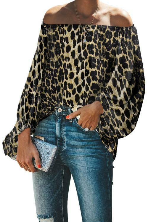 Leopard Print Long Sleeve Elastic Neck Off Shoulder Top - My Store