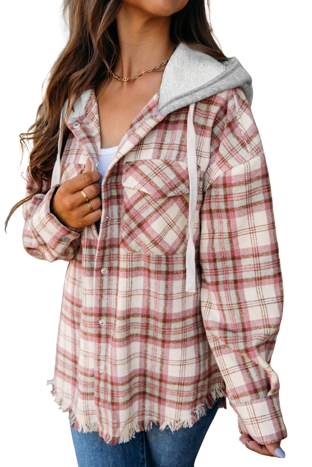 Multicolour Plaid Flap Pocket Hooded Raw Hem Jacket - My Store